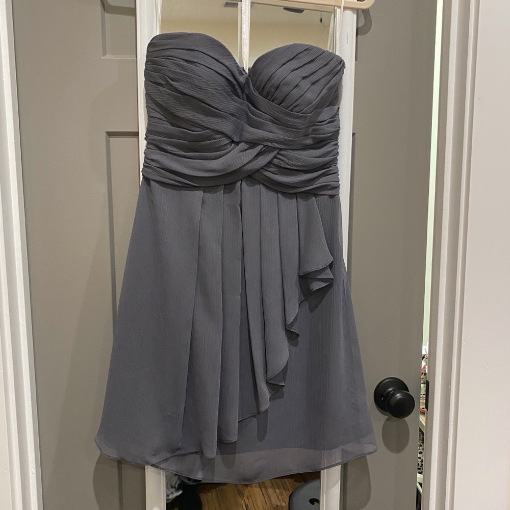 David's Bridal Strapless Chiffon Cocktail Dress in Slate Gray